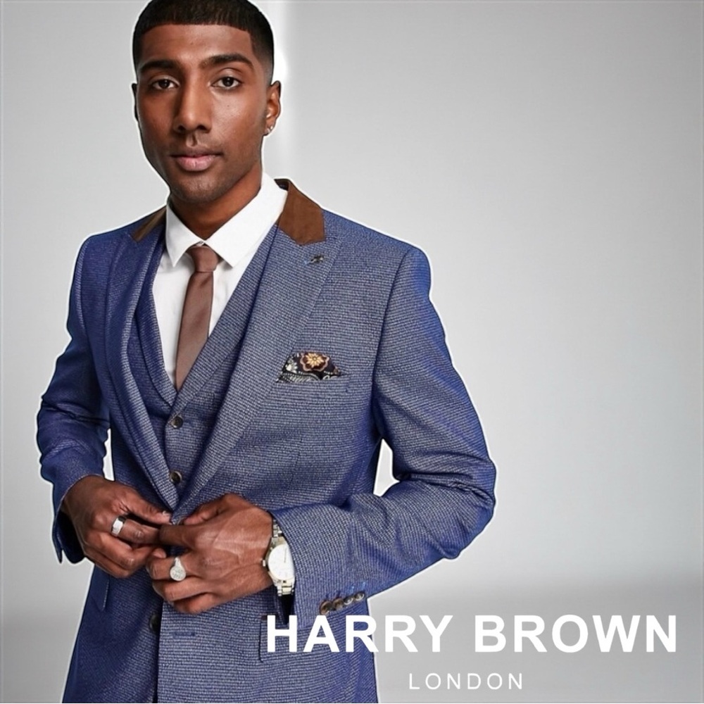 HARRY BROWN Blue houndstooth Blazer with Tan Accents Size 44s Slim Fit